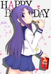  2015 brand_name_imitation dated food from_behind happy_birthday heart highres hinata_yukari hirame_guard long_hair pleated_skirt pocky pocky_day purple_eyes purple_hair school_uniform school_uniform_(yuyushiki) serafuku skirt solo yuyushiki 