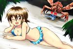  ahoge arm_support bandages beach bikini blue_bikini blush breasts brown_hair cleavage collarbone colt_(monster_farm) commentary_request crab giant_enemy_crab horn looking_at_viewer lying medium_breasts monster_farm n36hoko navel on_side one_eye_closed palm_tree red_eyes short_hair sloth_beetle swimsuit tree trembling wet x_x 
