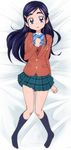  bed_sheet blazer blue_bow blue_eyes blue_hair bow brown_jacket futari_wa_precure hair_ornament hairclip jacket long_hair looking_at_viewer lying manji_(tenketsu) on_back plaid plaid_skirt precure school_uniform skirt socks solo verone_gakuin_school_uniform yukishiro_honoka 