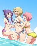  bikini blonde_hair blush brown_eyes hair_bun hinata_yukari holding_hands ichii_yui long_hair low_twintails mel_(melty_pot) multiple_girls nonohara_yuzuko pink_hair purple_eyes purple_hair red_eyes short_hair swimsuit twintails white_bikini yellow_eyes yuyushiki 