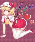  ascot bad_id bad_pixiv_id blonde_hair blush bow checkered checkered_background fang fang_out flandre_scarlet full_body hat heart highres looking_at_viewer papo paw_pose red_eyes short_hair short_sleeves side_ponytail skirt smile solo thighhighs touhou white_legwear wings zettai_ryouiki 