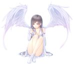  angel_wings arm_support bare_shoulders breasts bridal_gauntlets brown_eyes brown_hair cleavage convenient_leg elbow_gloves gloves hair_twirling long_hair medium_breasts original simple_background solo white_background wings yamaishi_nohi 