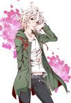  adonis_belt belt coat collarbone contrapposto danganronpa fingernails furofuki_daikon green_eyes highres komaeda_nagito looking_at_viewer male_focus messy_hair nail_polish parted_lips red_nails solo spoilers standing super_danganronpa_2 white_hair 