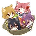  :3 ;d \o/ ahoge akebono_(kantai_collection) animal_ears arms_up bell black_hair brown_eyes cat_ears chibi commentary_request crab fang flower food frown hair_bell hair_bobbles hair_flower hair_ornament in_container jingle_bell kantai_collection kemonomimi_mode kida_mochi light_brown_hair long_hair looking_at_viewer multiple_girls neko_nabe oboro_(kantai_collection) one_eye_closed open_mouth outstretched_arms pink_eyes pink_hair pot purple_eyes purple_hair sazanami_(kantai_collection) school_uniform short_hair side_ponytail smile twintails ushio_(kantai_collection) 