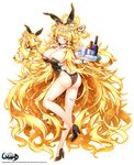  absurdly_long_hair alcohol animal_ears ass bad_id bad_pixiv_id big_hair blonde_hair bottle brooch bunny_ears bunny_tail bunnysuit cup detached_collar drinking_glass highres jewelry long_hair name_tag original poseich tail tiger tray unleashed very_long_hair wine wine_glass wrist_cuffs yellow_eyes 