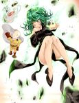  1girl bag bald belt black_dress black_footwear blush bottle cape curly_hair dress flipped_hair floating flying gloves green_eyes green_hair highres hmw_(pixiv7054584) legs levitation one-punch_man plastic_bag saitama_(one-punch_man) shoes short_hair tatsumaki telekinesis 