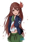  2015 4suke artist_name bangs blush brown_eyes brown_hair dated green_skirt hair_between_eyes hair_ornament hand_on_own_cheek hand_on_own_face jacket kantai_collection kisaragi_(kantai_collection) long_hair long_sleeves looking_at_viewer navel open_clothes open_jacket open_mouth petals pleated_skirt remodel_(kantai_collection) school_uniform serafuku simple_background skirt smile solo white_background 