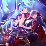  1girl ascot_(rayearth) bat_wings blue_eyes blue_hair blue_hairband bow brown_hair cape demon_girl hair_over_one_eye hairband horns iyutani long_hair magic_knight_rayearth ryuuzaki_umi succubus vampire wings 