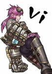  ass blue_eyes breasts commentary gauntlets goggles grin league_of_legends lol_(harikofu) long_hair looking_at_viewer medium_breasts pink_hair smile solo thighs vi_(league_of_legends) 