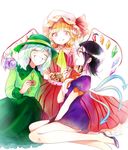  adapted_costume artist_name black_hair blonde_hair blush bow closed_eyes colored_eyelashes cookie diamond_(shape) dress eating flandre_scarlet food frilled_shirt_collar frilled_skirt frills green_hair green_skirt happy hat hat_bow highres houjuu_nue komeiji_koishi legs long_skirt long_sleeves mob_cap multicolored_hair multiple_girls nail_polish open_mouth pink_eyes purple_dress purple_footwear purple_nails red_dress ribbon rosette_(roze-ko) shoes short_dress short_hair short_sleeves side_ponytail simple_background single_wing skirt smile striped striped_dress thighs third_eye touhou two-tone_hair white_background wings 