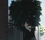  aconitea bad_id bad_pixiv_id bag black_hair blurry blush breath brick_wall chromatic_aberration coat depth_of_field earrings fence film_grain jewelry light original outdoors parted_lips profile scarf shoulder_bag sky solo tree upper_body 