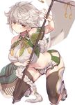  asymmetrical_hair banner bare_shoulders braid breasts brown_legwear cleavage_cutout cloud_print colored_eyelashes expressionless jitome kantai_collection kneeling large_breasts long_hair looking_at_viewer midriff navel remodel_(kantai_collection) silver_hair single_braid solo thighhighs unryuu_(kantai_collection) very_long_hair yamaarashi yellow_eyes 