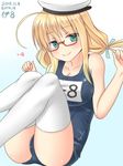  blonde_hair blue_eyes breasts glasses hanazome_dotera i-8_(kantai_collection) kantai_collection large_breasts long_hair one-piece_swimsuit school_swimsuit smile solo swimsuit thighhighs twintails white_legwear 