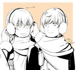  commentary earmuffs ichigo_hitofuri male_focus mizuhara_aki monochrome multiple_boys open_mouth scarf simple_background smile touken_ranbu translation_request tsurumaru_kuninaga upper_body 