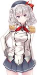  a_flow blue_eyes breasts epaulettes gloves hat kantai_collection kashima_(kantai_collection) looking_at_viewer medium_breasts military military_uniform silver_hair skirt smile solo twintails uniform wavy_hair 
