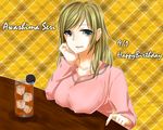 awashima_seri blonde_hair blue_eyes breast_rest breasts character_name glass hair_down hand_on_own_face happy_birthday harukikari highres ice ice_cube jewelry k_(anime) looking_at_viewer necklace plaid plaid_background solo table 