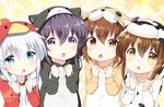  akatsuki_(kantai_collection) alternate_costume alternate_hairstyle animal_costume bangs bell_(oppore_coppore) blue_eyes braid brown_hair cat_costume chestnut_mouth chicken_costume clenched_hands collarbone cosplay cow_costume dog_costume gochuumon_wa_usagi_desu_ka? hair_between_eyes hibiki_(kantai_collection) hood ikazuchi_(kantai_collection) inazuma_(kantai_collection) kantai_collection kigurumi long_hair long_sleeves looking_at_viewer multiple_girls pajamas pom_pom_(clothes) purple_eyes purple_hair red_eyes short_hair sparkle twin_braids upper_body white_hair 