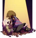  asriel_dreemurr blood brown_hair caprine clothing crying duo flower frisk goat hair human iyd knife male mammal plant plot_twist screaming signature sunlight tears undertale video_games young 
