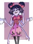  arachnid arthropod beverage black_hair clothing cup female food forsythiaflowers hair looking_at_viewer muffet multi_limb multiple_arms multiple_eyes open_mouth simple_background solo spider tea undertale video_games 