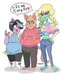  &lt;3 alligator black_hair blonde_hair blush bratty_(undertale) breasts burgerpants cat catty_(undertale) clothing dialogue feline female footwear forsythiaflowers hair hoodie jacket jeans male mammal reptile scalie shoes simple_background speech_bubble text undertale video_games white_background 