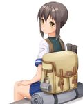  ame. backpack bag bedroll brown_eyes brown_hair commentary_request cup from_behind fubuki_(kantai_collection) kantai_collection long_hair looking_at_viewer looking_back ponytail school_uniform serafuku sidelocks sitting smile solo yellow_eyes 