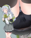  :d ^_^ ass backpack bag bike_shorts blouse blush bow bowtie braid breasts closed_eyes commentary_request cowboy_shot eyebrows from_below grey_hair grey_skirt headband highres kantai_collection knees_together long_hair md5_mismatch menstrual_pad menstruation mtu_(orewamuzituda) multiple_views open_mouth pantylines pleated_skirt randoseru school_uniform scrunchie simple_background skirt small_breasts smile upskirt yamagumo_(kantai_collection) 