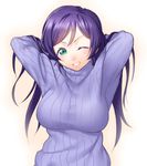  arms_behind_head breasts gradient gradient_background green_eyes grin large_breasts long_hair long_sleeves looking_at_viewer love_live! love_live!_school_idol_project one_eye_closed onsoku_maru purple_hair ribbed_sweater smile solo sweater toujou_nozomi turtleneck upper_body 