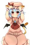  adjusting_clothes adjusting_hat animal_ears arms_up ascot bat_wings blue_hair blush cat_ears cat_tail hat hat_ribbon highres kemonomimi_mode looking_up mob_cap ochazuke open_mouth puffy_sleeves red_eyes remilia_scarlet ribbon shirt short_hair short_sleeves simple_background sitting skirt skirt_set solo tail touhou white_background wings wrist_cuffs 