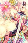  bad_id bad_pixiv_id blue_eyes earrings floral_print flower hair_flower hair_ornament highres holding holding_sword holding_weapon jean_pierre_polnareff jewelry jojo_no_kimyou_na_bouken male_focus necklace ring shell_hair_ornament silver_hair smile solo sword traditional_media upper_body ura_(mukimeineko) watercolor_(medium) weapon 