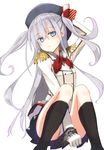  aqua_eyes cosplay covering covering_crotch hat hibiki_(kantai_collection) jacket kantai_collection kashima_(kantai_collection) kashima_(kantai_collection)_(cosplay) long_hair long_sleeves looking_at_viewer military military_uniform mochiki silver_hair sitting skirt solo two_side_up uniform upskirt very_long_hair 