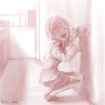  :d braid closed_eyes hair_over_shoulder idolmaster idolmaster_cinderella_girls lockpick long_hair monochrome necktie open_mouth oshou_(o_shou) pencil_skirt senkawa_chihiro single_braid skirt smile solo squatting twitter_username 