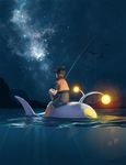  fishing_line fishing_rod from_behind gen_1_pokemon gen_2_pokemon gen_3_pokemon gyarados hat highres kezrek lanturn legendary_pokemon light looking_up luvdisc mew night pokemon pokemon_(creature) pokemon_trainer shorts silhouette sky star_(sky) stargazing starry_sky vest watermark web_address wingull 