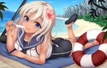  bad_id bad_pixiv_id beach blonde_hair blue_eyes day flower food hair_flower hair_ornament kantai_collection leg_up lifebuoy long_hair lying myuu_(arisumeria) no_socks on_stomach popsicle ro-500_(kantai_collection) slippers smile solo swimsuit tan tanline 