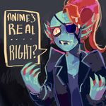  clothing dialogue eridanswand eye_patch eyewear female fish hair jacket marine open_mouth question red_eyes red_hair solo sweat teeth text undertale undyne video_games 