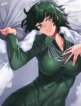  bed_sheet breasts dress fubuki_(one-punch_man) green_dress green_eyes green_hair jewelry jjune large_breasts long_sleeves looking_at_viewer lying necklace on_back one-punch_man open_mouth sheet_grab solo 