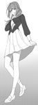  :3 aconitea blush finger_to_mouth from_below gradient gradient_background greyscale halftone highres long_hair looking_at_viewer monochrome original school_uniform skirt skirt_lift solo 