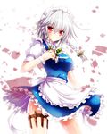  albino between_fingers blue_dress braid breasts cowboy_shot dress highres holster izayoi_sakuya knife large_breasts looking_at_viewer maid maid_headdress osashin_(osada) puffy_short_sleeves puffy_sleeves red_eyes shirt short_sleeves silver_hair solo thigh_holster thighs throwing_knife touhou twin_braids weapon white_hair wind wind_lift wrist_cuffs 