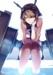  bangs bare_shoulders breasts brown_hair brown_legwear closed_mouth gloves glowing hand_on_own_cheek head_rest headgear kantai_collection kyouya_(mukuro238) looking_at_viewer medium_breasts mutsu_(kantai_collection) pinky_out short_hair signature simple_background sitting sleeveless smirk soaking_feet solo swept_bangs thighhighs white_background white_gloves yellow_eyes 