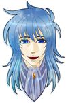  blue_eyes blue_hair julian_solo long_hair male_focus noe_(bkmnoo) open_mouth portrait saint_seiya simple_background solo white_background 