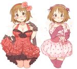  7010 black_gloves blush bow breasts brown_eyes brown_hair cleavage dress elbow_gloves flower gloves hair_bow hair_ornament hairband idolmaster idolmaster_cinderella_girls jewelry large_breasts looking_at_viewer mimura_kanako necklace open_mouth pink_dot_balloon pink_gloves pink_legwear polka_dot short_hair simple_background smile solo thighhighs white_background 