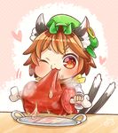  :3 animal_ears boned_meat brown_eyes brown_hair cat_ears cat_tail chen commentary eating fang food hat heart ibaraki_natou jewelry meat mob_cap multiple_tails nekomata one_eye_closed plate single_earring solo tail touhou two_tails 