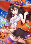  :d blue_eyes blue_sky bow breasts broom broom_riding brown_hair candy cloud colored_stripes commentary_request day food halloween halloween_costume hat hat_bow jack-o'-lantern large_breasts lollipop long_hair official_art open_mouth original puffy_short_sleeves puffy_sleeves ray-akila shinki_kakusei_melty_maiden shirt short_sleeves skirt sky smile solo star star-shaped_pupils striped striped_legwear swirl_lollipop symbol-shaped_pupils thighhighs very_long_hair witch_hat zettai_ryouiki 