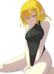  absurdres alternate_costume bare_shoulders blonde_hair chromatic_aberration green_eyes highres leotard looking_at_viewer mizuhashi_parsee modo_paru pointy_ears short_hair simple_background sitting smile solo touhou turtleneck white_background 