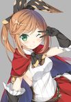  ;) black_gloves blush brown_hair cape clarisse_(granblue_fantasy) gloves granblue_fantasy green_eyes grey_background looking_at_viewer one_eye_closed ponytail ribbed_sweater short_hair simple_background smile solo sweater taiyaki_(astre) v white_sweater 