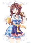  :d ahoge alcohol alternate_costume apron artist_name beer beer_mug belt blue_dress blue_eyes blush bow breasts brown_hair checkered checkered_dress cleavage commentary cross-laced_clothes cup dirndl double_bun dress food german_clothes hairband headgear holding holding_cup kaetzchen kantai_collection kongou_(kantai_collection) long_hair medium_breasts oktoberfest open_mouth plaid plaid_dress pretzel smile solo standing waist_apron 