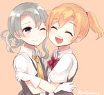  bad_id bad_pixiv_id blonde_hair blue_eyes chiune_(yachi) gloves hug kantai_collection maikaze_(kantai_collection) multiple_girls necktie nowaki_(kantai_collection) one_eye_closed ponytail school_uniform short_hair silver_hair smile vest yellow_neckwear 