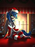  2015 anthro blush christmas cleavage clothed clothing equine fan_character female fire fireplace hat holidays holly horn legwear mammal my_little_pony navel nightgown panties pose santa_hat sitting skecchiart socks solo underwear unicorn wreath 