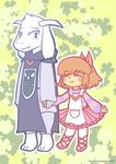  asriel_dreemurr blush brown_hair caprine clothing crossdressing duo footwear frisk fur girly goat hair holding horn human kumiko19 male mammal shoes skirt smile undertale video_games white_fur 