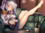  ass ayagi_daifuku bare_legs barefoot blush bottle breasts come_hither commentary_request couch cup drinking_glass hat jacket kantai_collection kashima_(kantai_collection) kneehighs large_breasts leg_up long_sleeves looking_at_viewer military military_uniform pleated_skirt purple_eyes silver_hair single_kneehigh sitting skirt solo twintails uniform wine_bottle wine_glass 