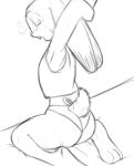  3_toes anthro black_and_white buckteeth clothing dipstick_tears disney dotaluit female furgonomics judy_hopps kneeling lagomorph mammal monochrome open_mouth panties rabbit rear_view shirt simple_background sketch solo stretching tank_top teeth toes underwear white_background yawn zootopia 